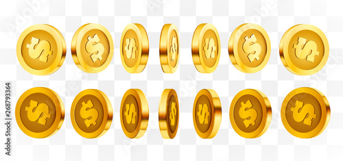 3d gold isolated coins set. Different positions. Flying gold coins, golden rain background. Jackpot or success concept.