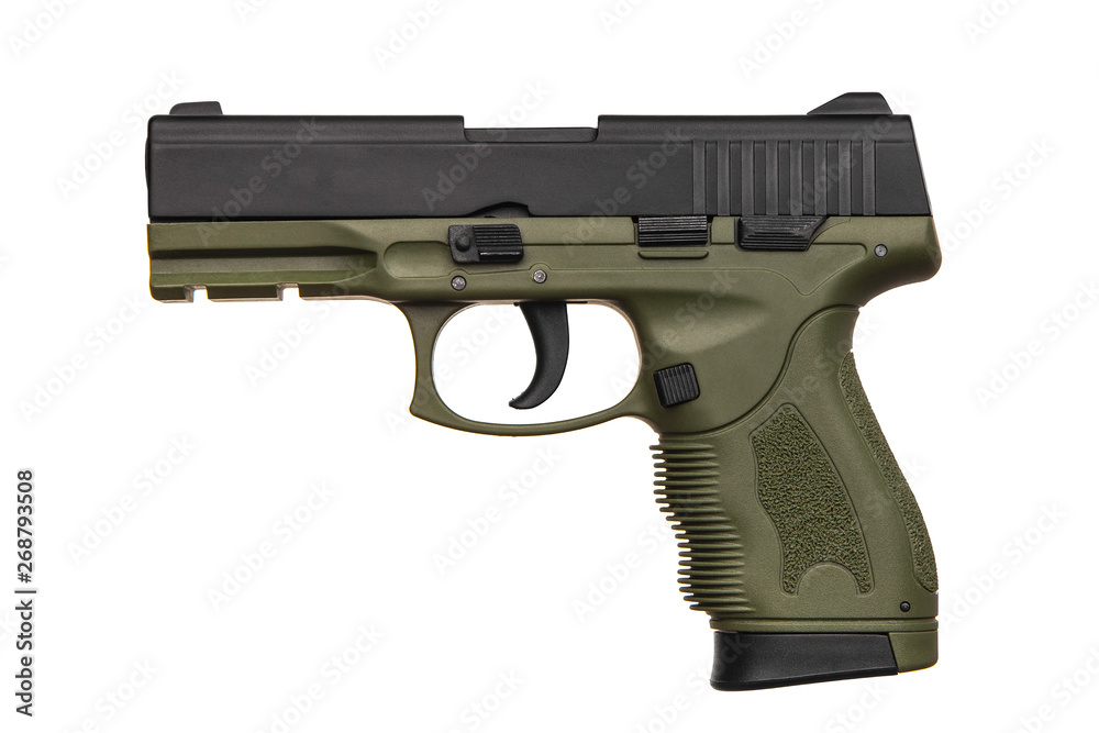 Black green gun pistol isolated on white back Black green gun pistol isolated on white back