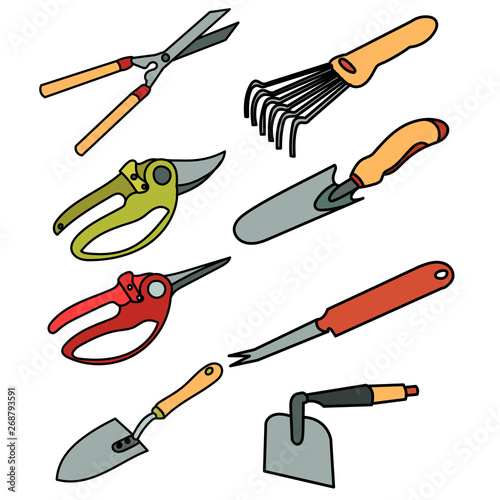 isolated, set, collection of garden tools