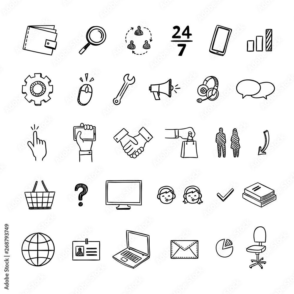Online shopping vector icons. Hand drawn set with network shopping signs  and business symbols on white background Stock Vector | Adobe Stock