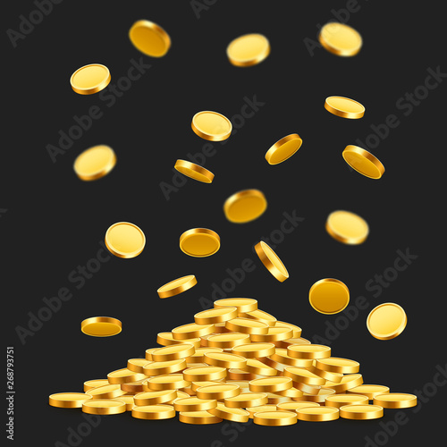 Falling coins, falling money, flying gold coins, golden rain. Jackpot or success concept. Modern background.