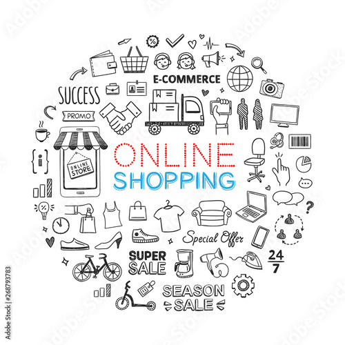 Online shop icons set. Vector illustrations for business and internet shopping. Different hand drawn symbols and elements for commerce and finance