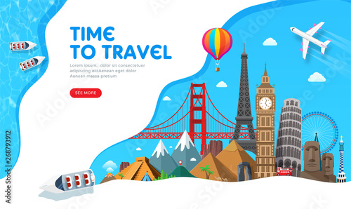 Travel banner design with famous landmarks for popular travel blog, landing page or tourism website. Minimal flat style. Vector illustration