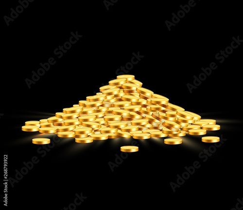 Gold shiny coins with star signs in heap. Big bunch of old metal money. Precious expensive treasure.