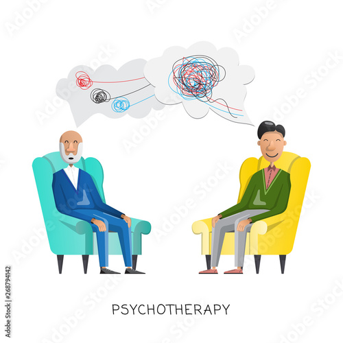 Psychotherapy session in therapist office with patient on sofa
