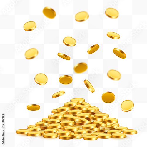 Falling coins, falling money, flying gold coins, golden rain. Jackpot or success concept. Modern background.