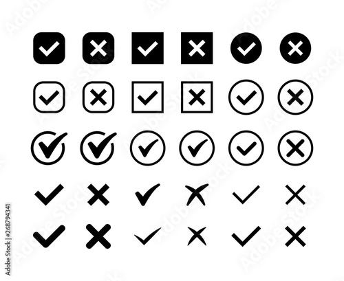 Black silhouette check mark and cross icon set. Circle and square. Tick symbol in green color, vector illustration.