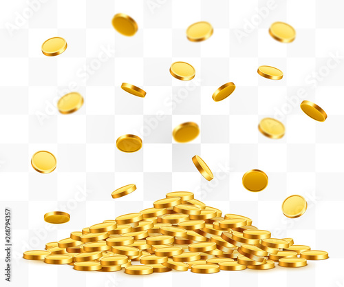 Falling coins, falling money, flying gold coins, golden rain. Jackpot or success concept. Modern background.