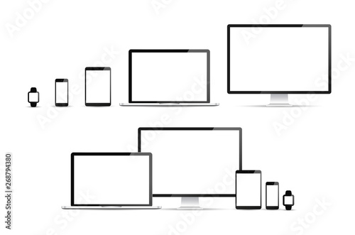 Electronic devices, web design vector template with laptop, tablet, smartphone, computer. Flat design, vector illustration on background.