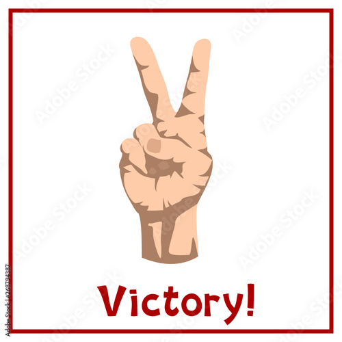 Hand shows victory gesture with text isolated on white background