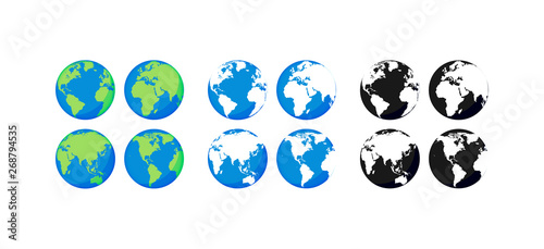 Big collection Earth globes. Black and Color Globes. Globe and Earth icon set. World map. Planet. Vector illustration.