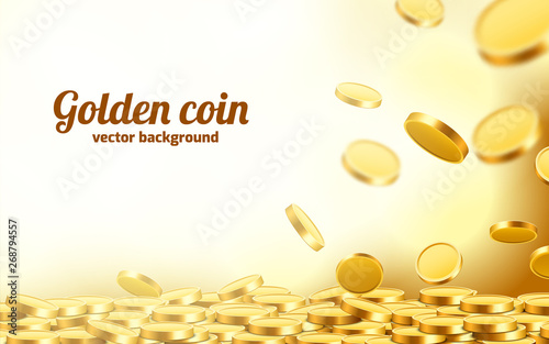Falling coins, falling money, flying gold coins, golden rain. Jackpot or success concept. Modern background.