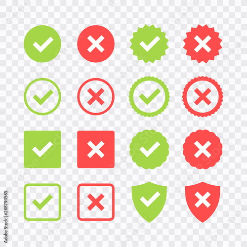 Green check mark and red cross icon set. Circle and square. Tick symbol in green color, vector illustration.