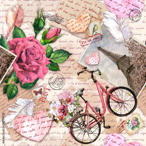 Photography Hand written letters, hearts, bicycle with flowers in basket, vintage photo of Eiffel Tower, rose flowers, postal stamps, feathers
