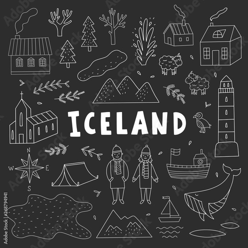 Iceland outline vector travel illustrations on black background. Visit Iceland cute hand drawn collection