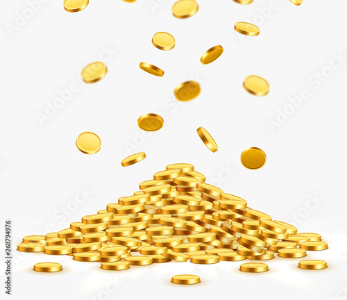 Falling coins, falling money, flying gold coins, golden rain. Jackpot or success concept. Modern background.