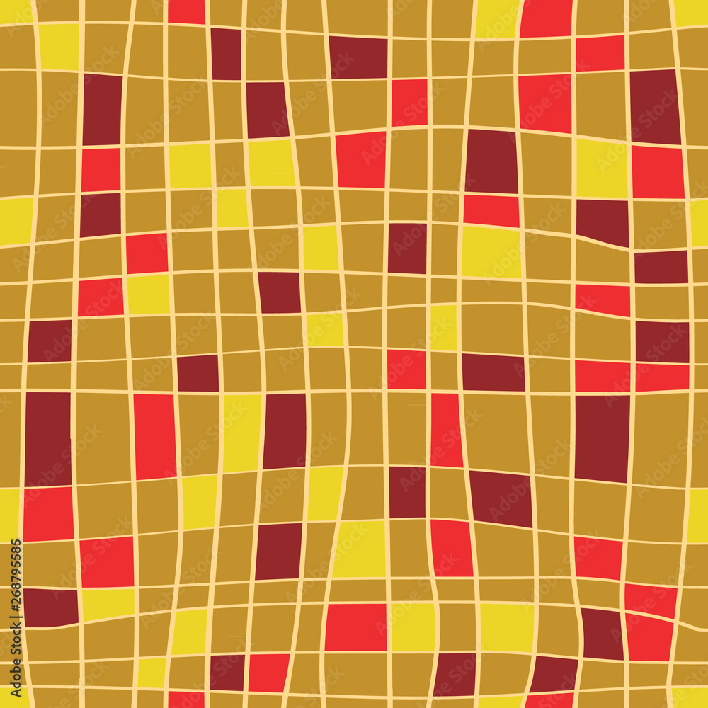 Stripes seamless pattern. Vector illustration of hand drawn lines with colorful squares on golden background