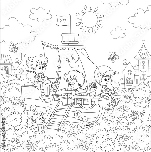 Little children playing on a colorful toy sailing ship on a playground in a park of a small town on a sunny summer day, black and white vector illustration in a cartoon style
