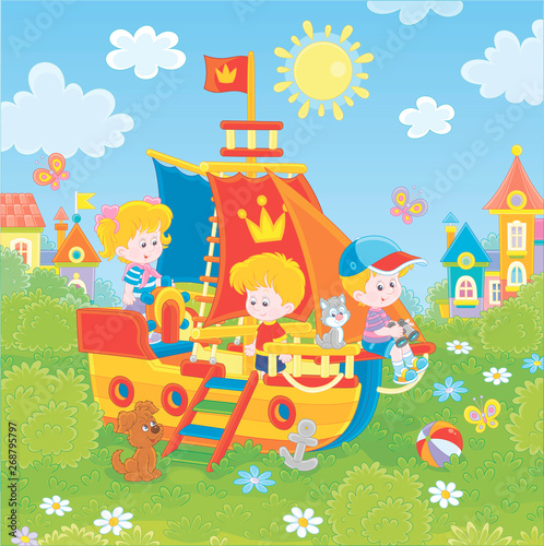 Little children playing on a colorful toy sailing ship on a playground in a green park of a small town on a sunny summer day, vector illustration in a cartoon style
