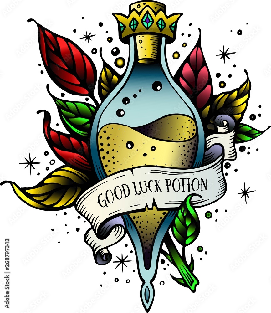 Fototapeta premium Witch and magic flask potion with crown,branches with leaves, decorative tape for your inscription.Vector illustration.Line art potion of good luck.Oldschool newschool vintage good luck tattoo sketch.