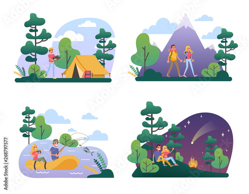 People hiking set. Making tent and sitting at the campfire