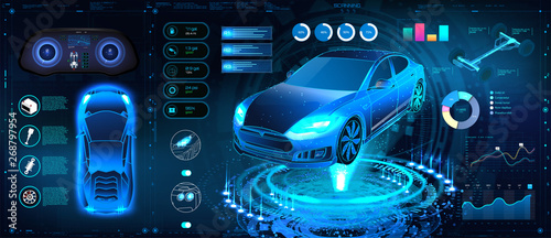 Car Auto Service, Modern Design HUD, Diagnostic Auto infographic. Futuristic User Interface. Virtual Graphical Interface in Modern Style (FUI, Auto Scanning, Analysis and Diagnostics) HUD Auto Repair