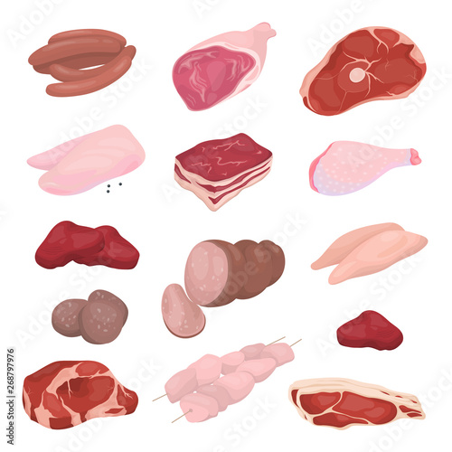 Meat set. Collection of beef and pork steak, ham