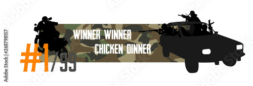 Pubg concept. Squad rides by car Dacia and shoots. Playerunknown’s battlegrounds. battle royale game Pubg, Fortnite. Slogan - Winner winner chicken dinner. Vector web cap