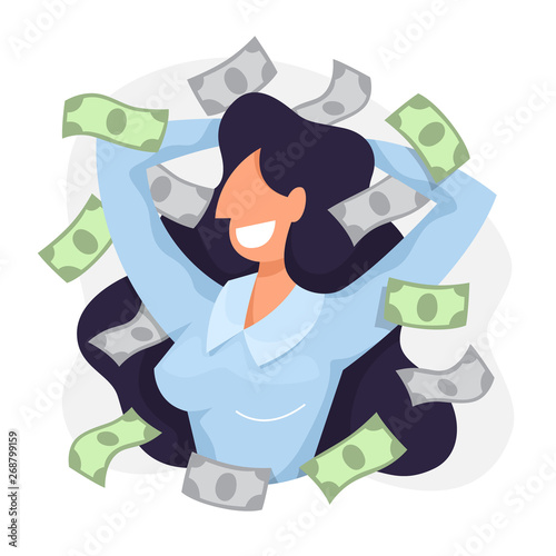Happy woman around money paper banknote. Idea of rich
