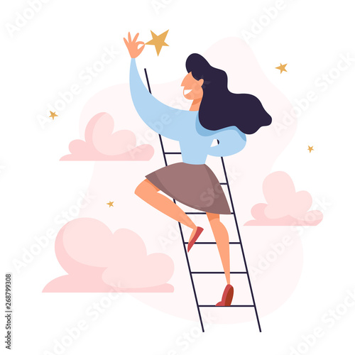 Businesswoman on the ladder grab the golden star