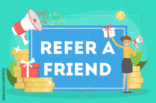Refer a friend web banner concept. Woman make promotion