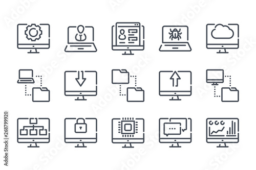 Computer technology related line icon set. Data transfer and computer options linear vector icon collection.