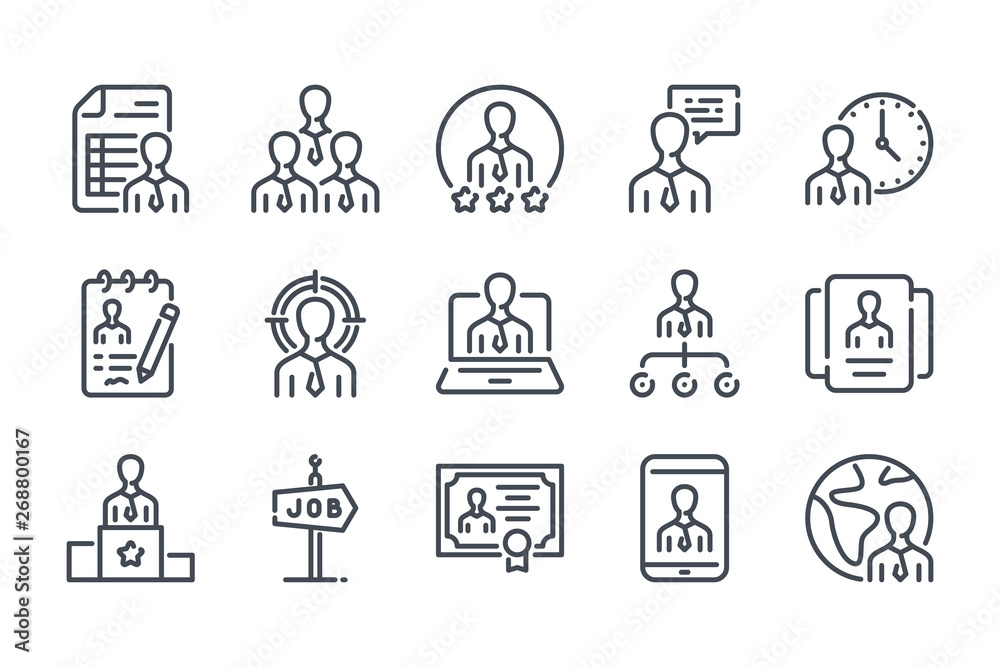 Recruitment and Head Hunting related line icon set. Candidate and interview vector linear icon collection. Job organization outline icons.