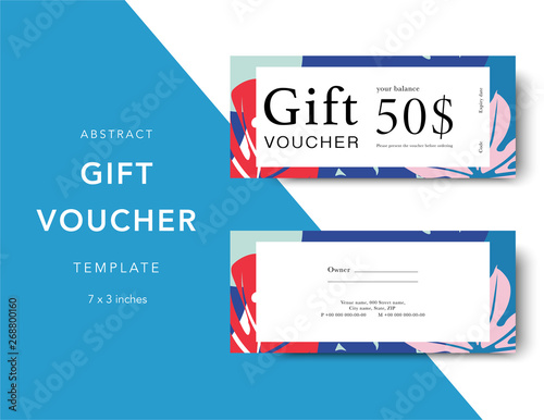 Gift voucher card template. Modern discount coupon for shopping with abstract and floral pattern. Modern fashion background design with information sample text. Coupon template for gift and shopping.