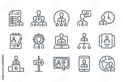 Recruitment and Head Hunting related line icon set. Candidate and interview vector linear icon collection. Job organization outline icons.