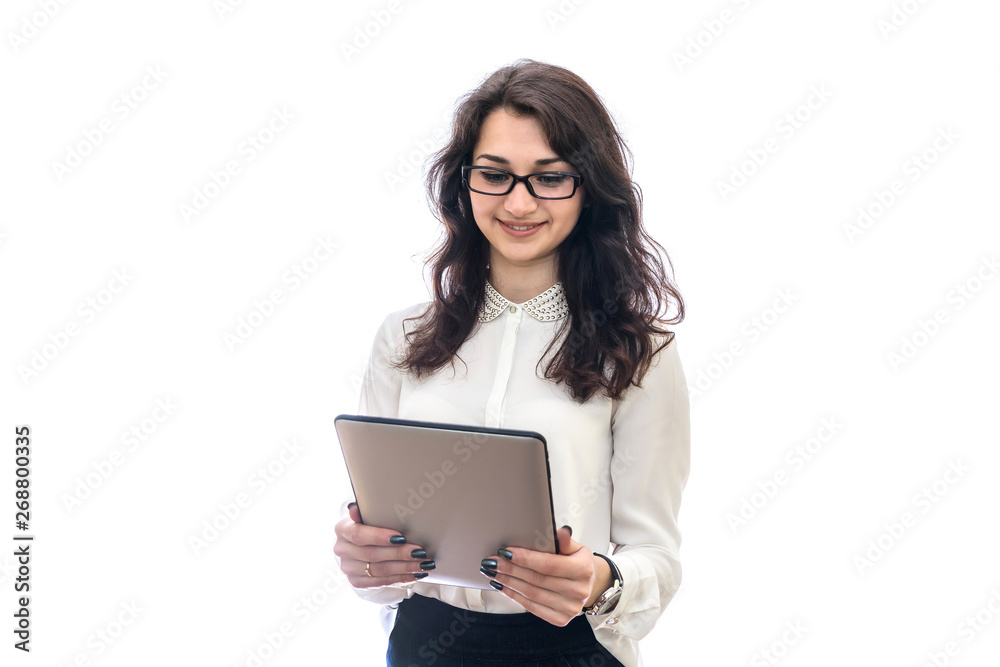 Woman with tablet isolated on white background Woman with tablet isolated on white background
