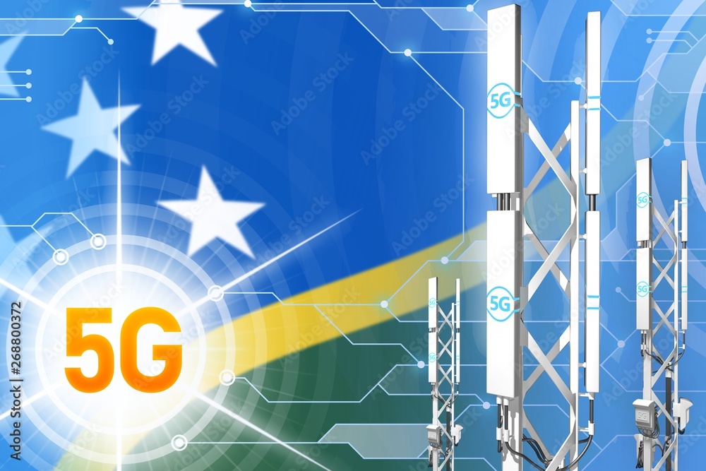 Solomon Islands 5G industrial illustration, large cellular network mast or tower on digital background with the flag - 3D Illustration