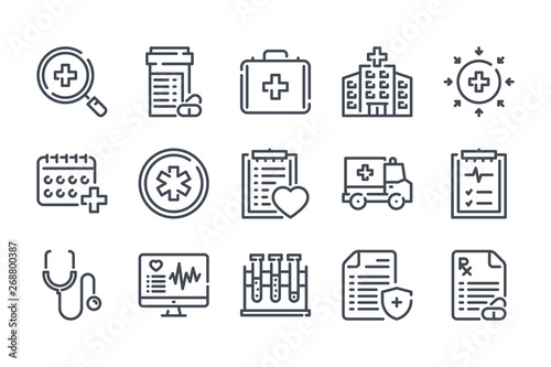 Medical care related line icon set. Medicine, hospital and medical service linear vector icons.