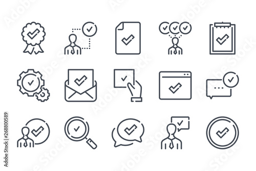 Quality related line icon set. Сompliance with requirements linear icon collection. Approve and check vector icons.
