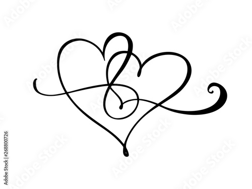 Hand drawn two Heart love sign. Romantic calligraphy vector of valentine day. Concepn icon symbol for t-shirt, greeting card, poster wedding. Design flat element illustration