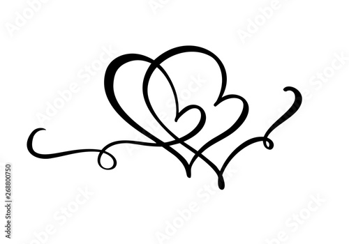 Hand drawn two Heart love sign. Romantic calligraphy vector of valentine day. Concepn icon symbol for t-shirt, greeting card, poster wedding. Design flat element illustration