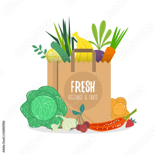 Vector cartoon style illustration of paper bag full of natural organic vegetables and fruits.