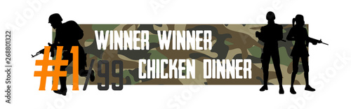 Site header Playerunknown's Battlegrounds ( PUBG ) Poster -site header and phrase from the game - winner winner chicken dinner. Vector illustration with silhouettes of shooting military and camouflage