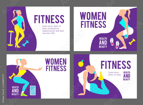 Workout Fitness Girl Design Template Set. Heathy Lifestyle. Care of Beauty. Woman Exersises.