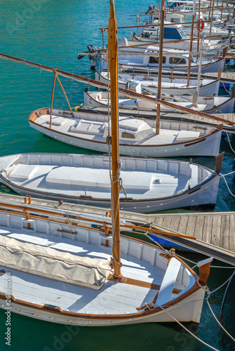 Traditional fishing boats in the port of Ciutadella, Menorca, Balearic islands, Spain