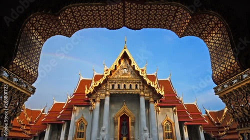 Wat Benchamabophit Dusitvanaram during evening time , Bangkok, Thailand, Tilt down. photo