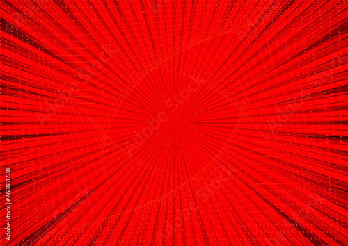 Abstract comic red background for style pop art design. Retro burst template backdrop. Light rays effect. Vintage comic book style  halftone modern print texture  vector.