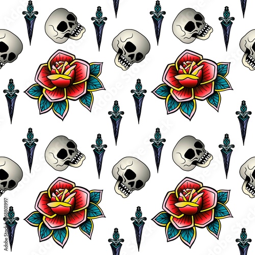 Old school retro vintage doodle tattoo seamless pattern.Rose, skull. knife.continuous openwork emblems symbols.Vector line art oldschool tattoo illustration. Best for printing wrapping paper