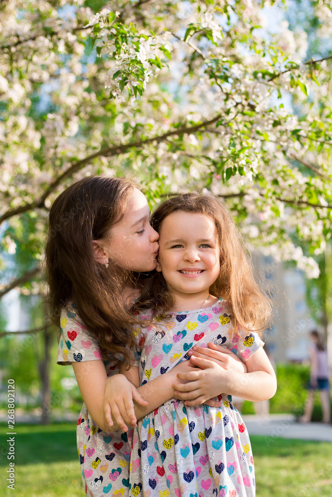 little happy girls on a walk on a summer evening at sunset in the park. Sisters little happy girls on a walk on a summer evening at sunset in the park. Sisters