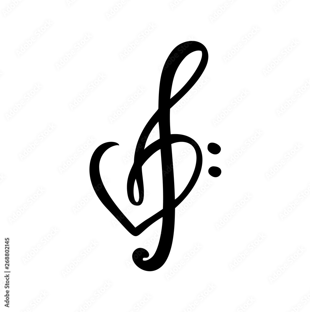 Hand drawn Love Music vector Logo treble clef and heart. Isolated on the white background Hand drawn Love Music vector Logo treble clef and heart. Isolated on the white background